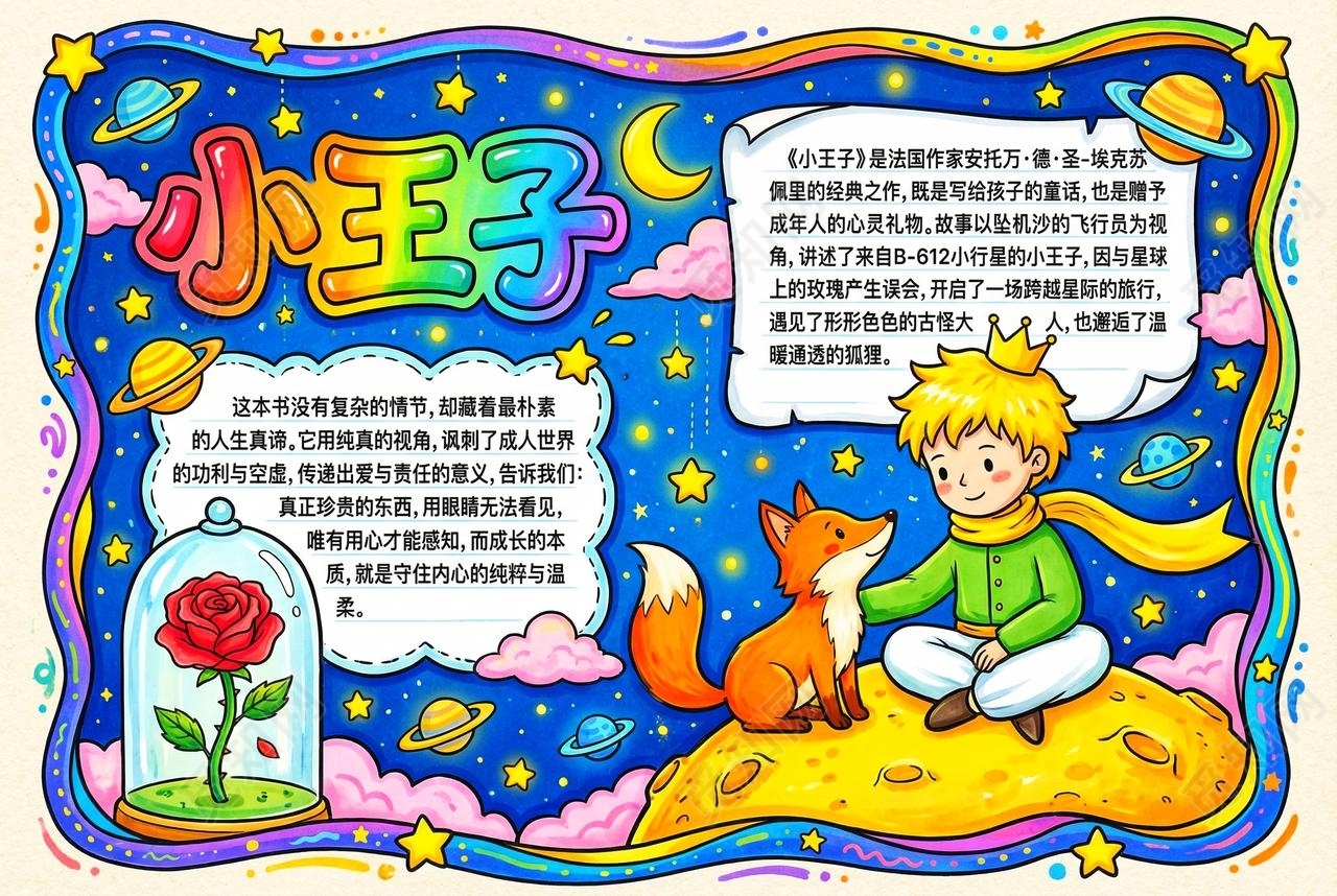 彩色卡通手绘小王子小报手抄报读书