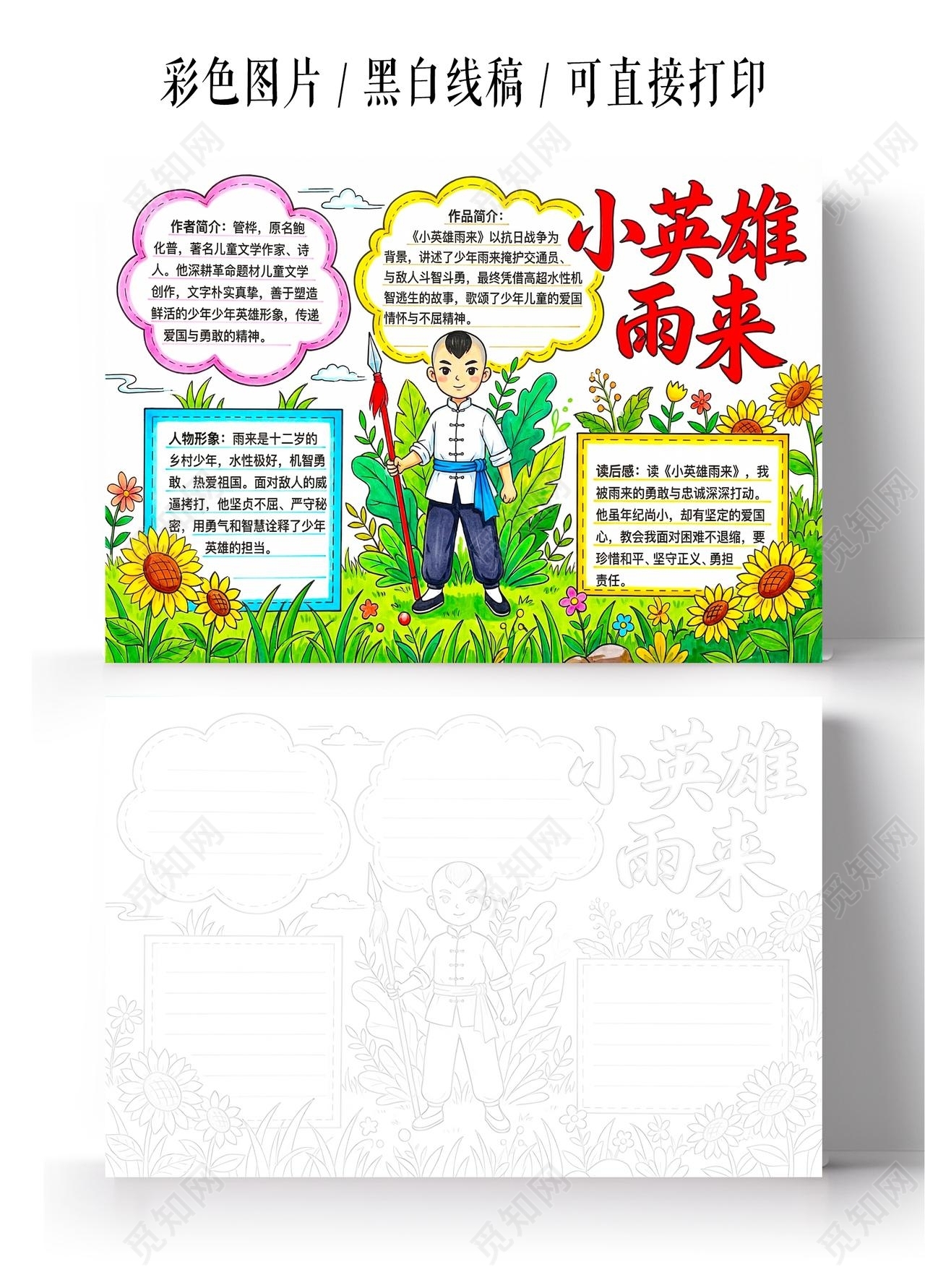 彩色卡通手绘小英雄雨来小报手抄报读书