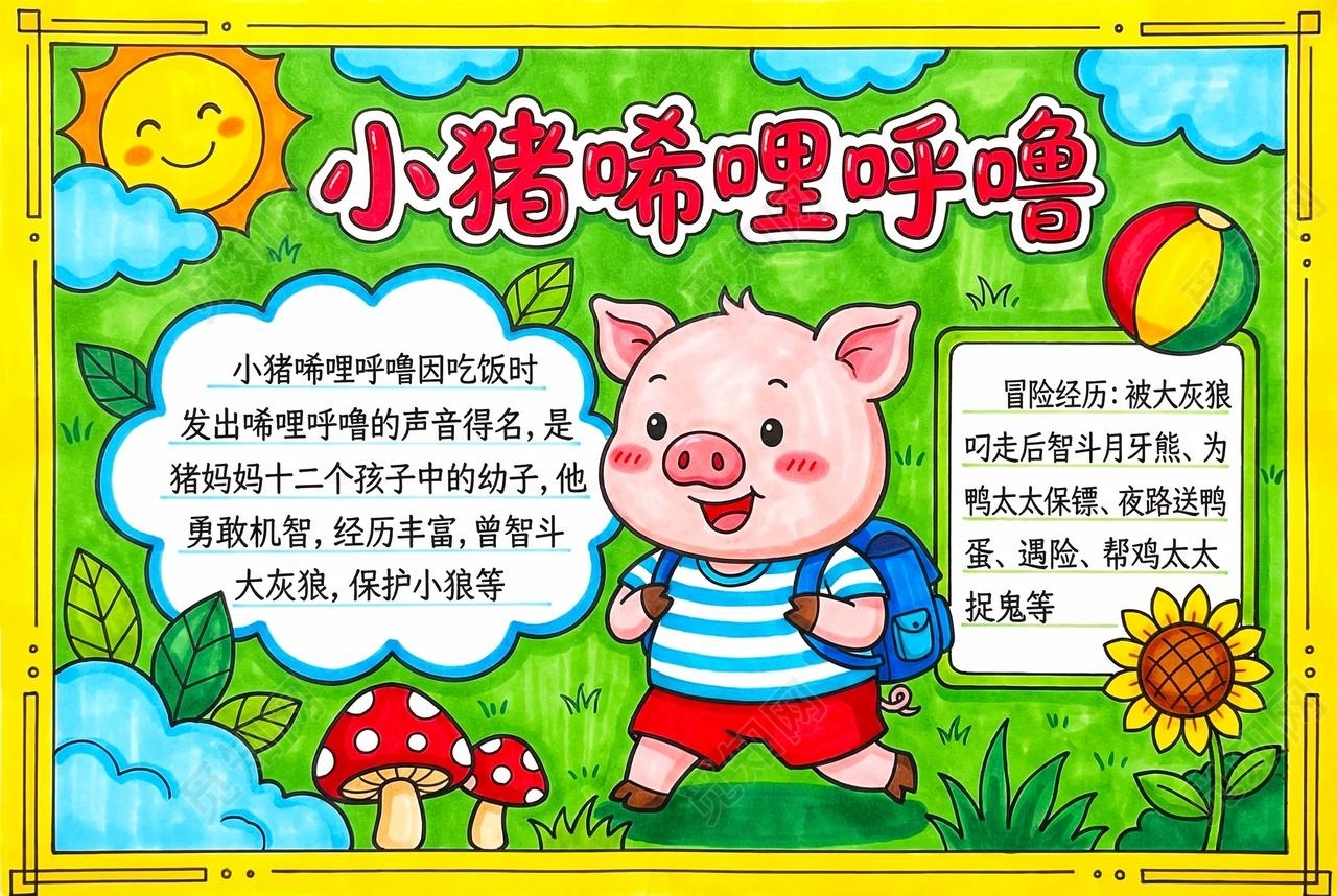 彩色卡通手绘小猪唏哩呼噜小报手抄报读书