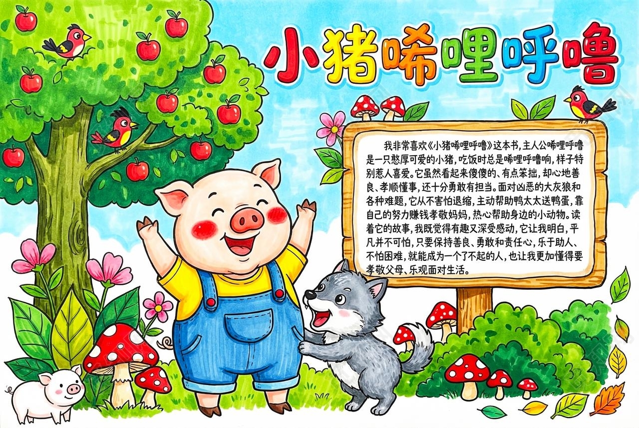 彩色卡通手绘小猪唏哩呼噜小报手抄报读书