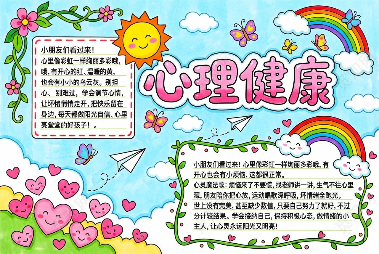 彩色卡通手绘心理健康小报手抄报小学生手抄报