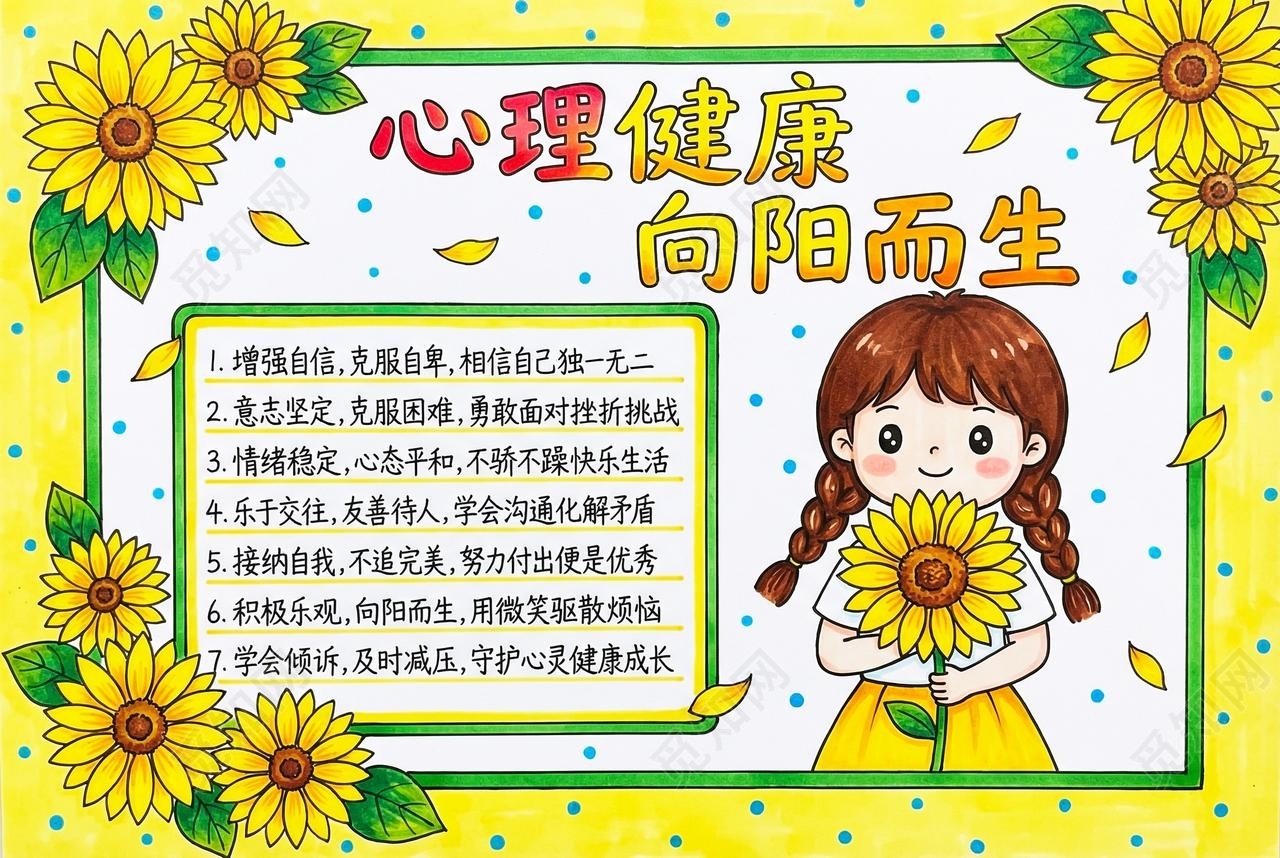 彩色卡通手绘心理健康向阳而生小报手抄报小学生手抄报