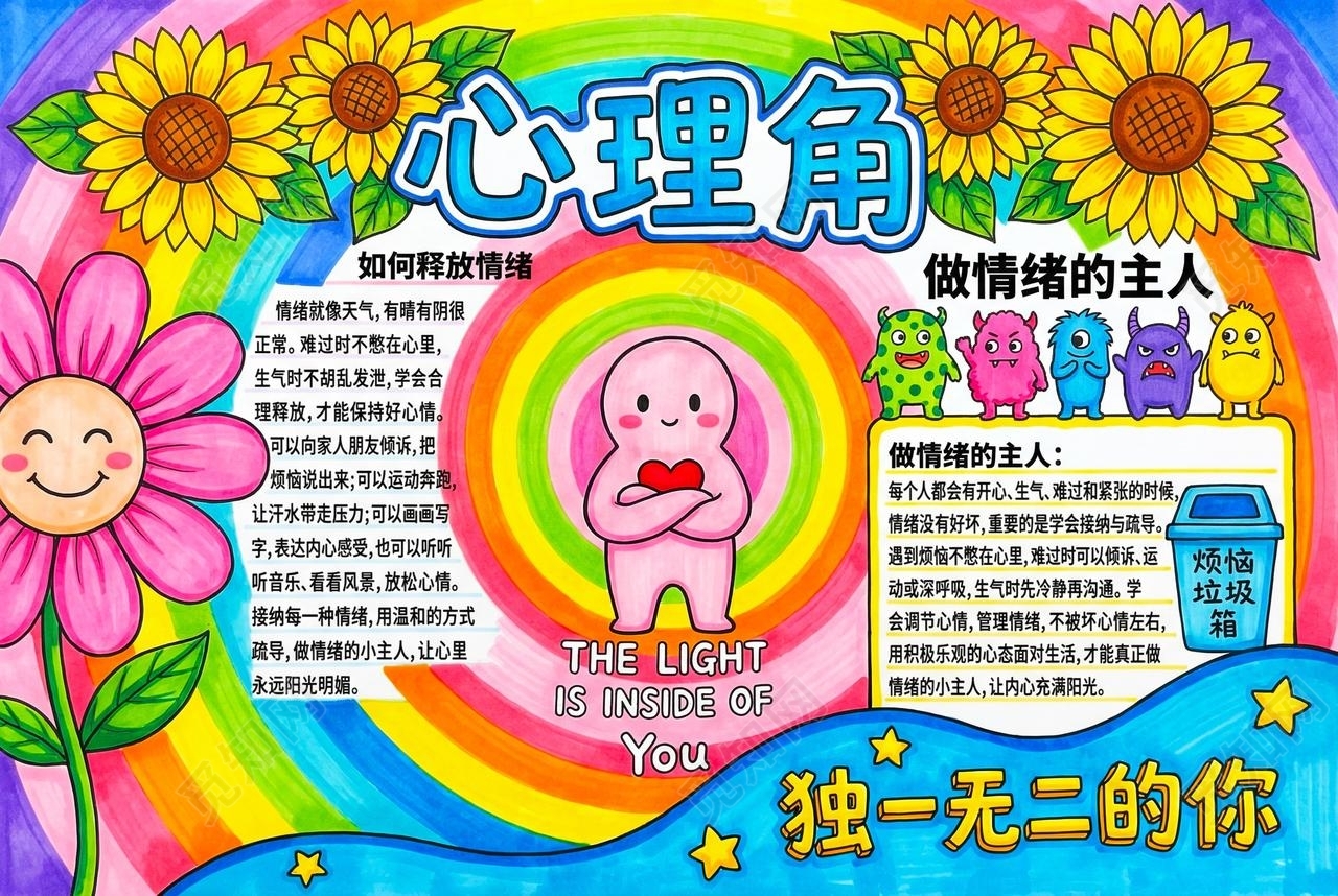 彩色卡通手绘心理角小报手抄报小学生手抄报心理健康