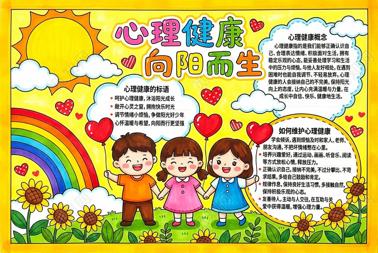 彩色卡通手绘心理健康向阳而生小报手抄报小学生手抄报