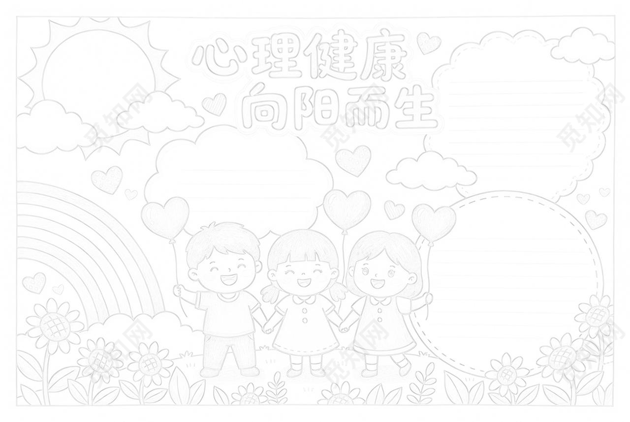 彩色卡通手绘心理健康向阳而生小报手抄报小学生手抄报