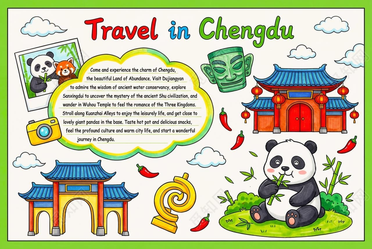 彩色卡通手绘成都旅行记英语小报手抄报小学生手抄报