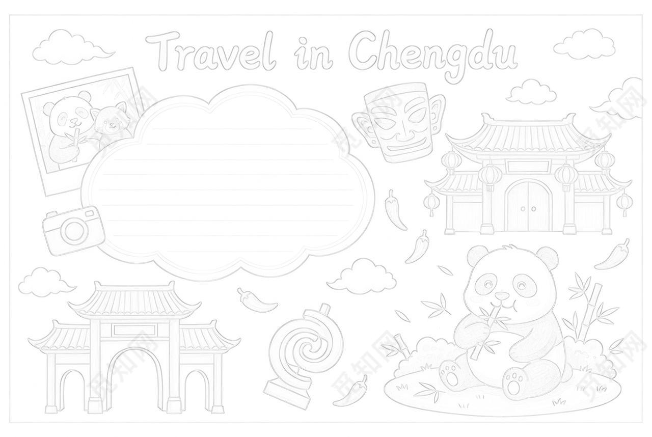 彩色卡通手绘成都旅行记英语小报手抄报小学生手抄报