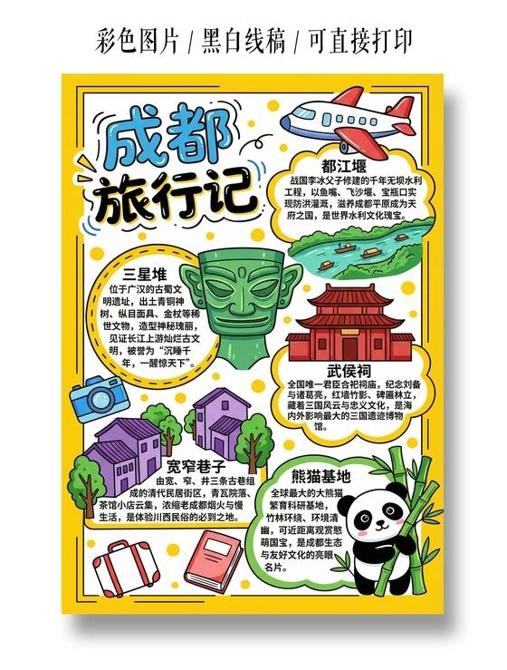 彩色卡通手绘成都旅行记小报手抄报小学生手抄报