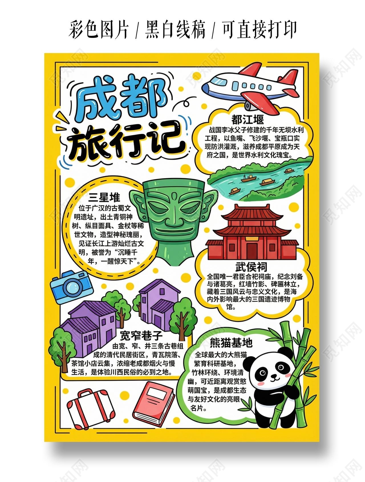 彩色卡通手绘成都旅行记小报手抄报小学生手抄报