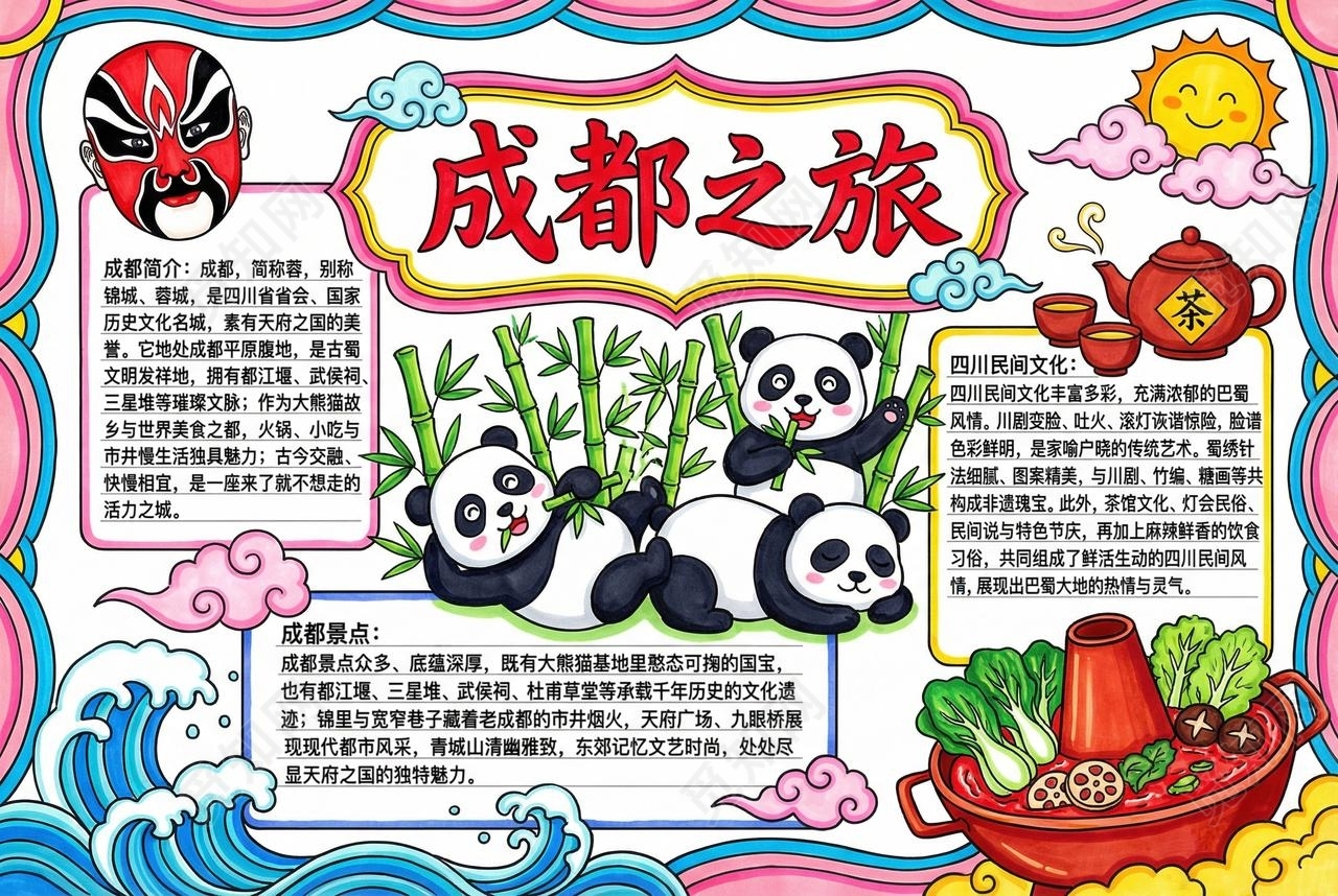 彩色卡通手绘成都之旅小报手抄报小学生手抄报