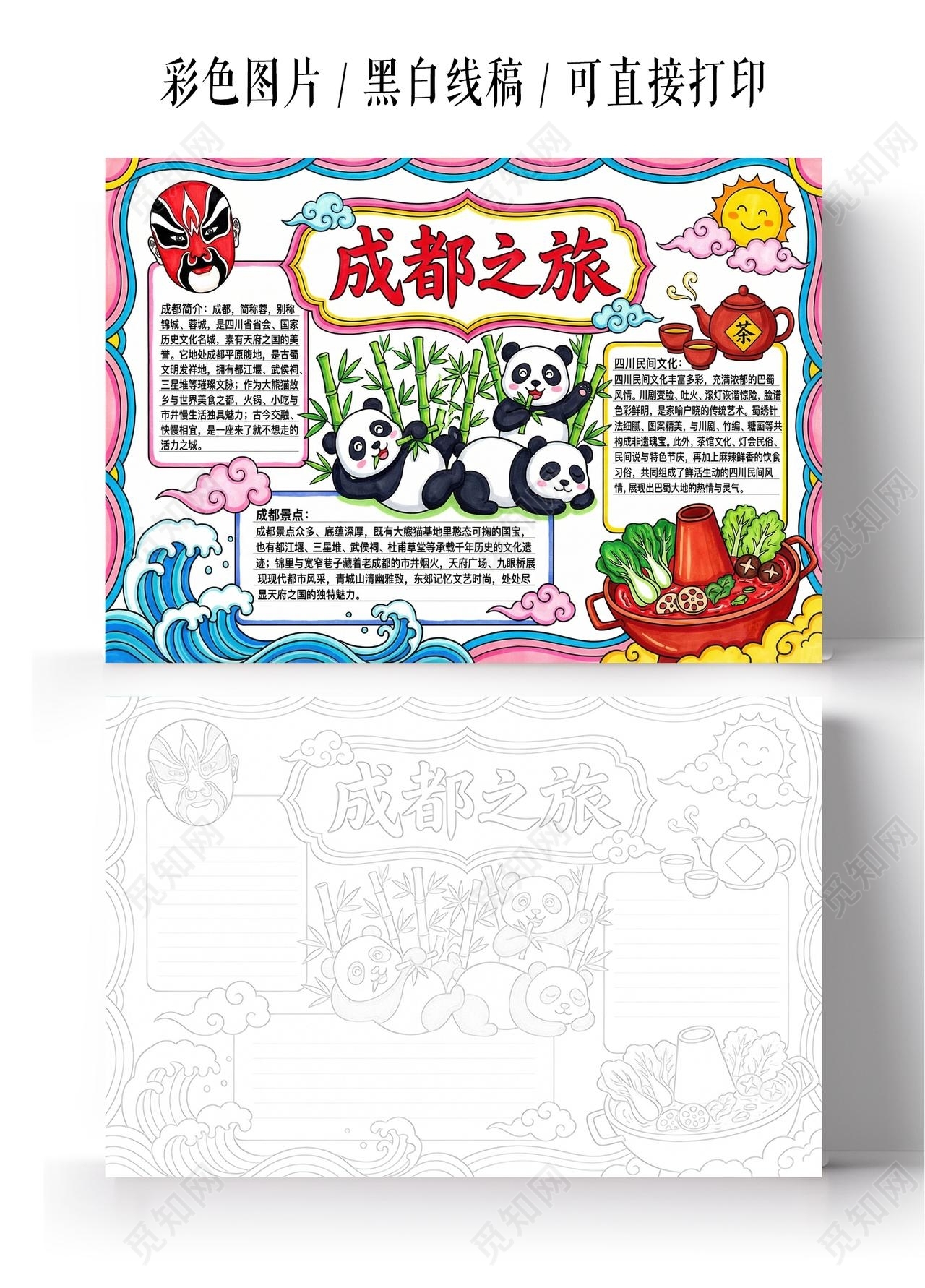 彩色卡通手绘成都之旅小报手抄报小学生手抄报