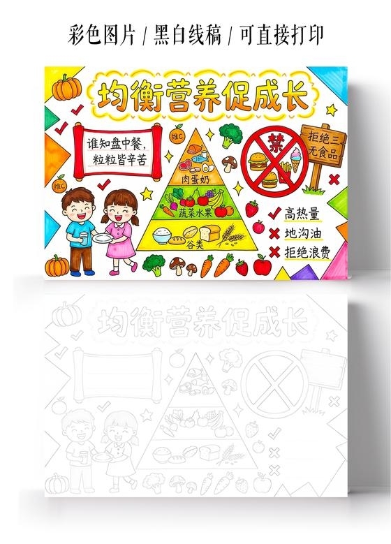 彩色卡通手绘均衡营养促成长小报手抄报小学生手抄报