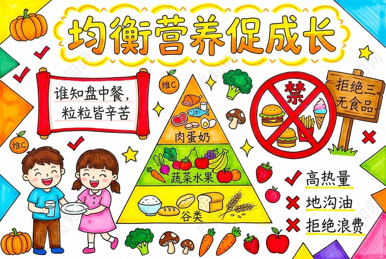 彩色卡通手绘均衡营养促成长小报手抄报小学生手抄报