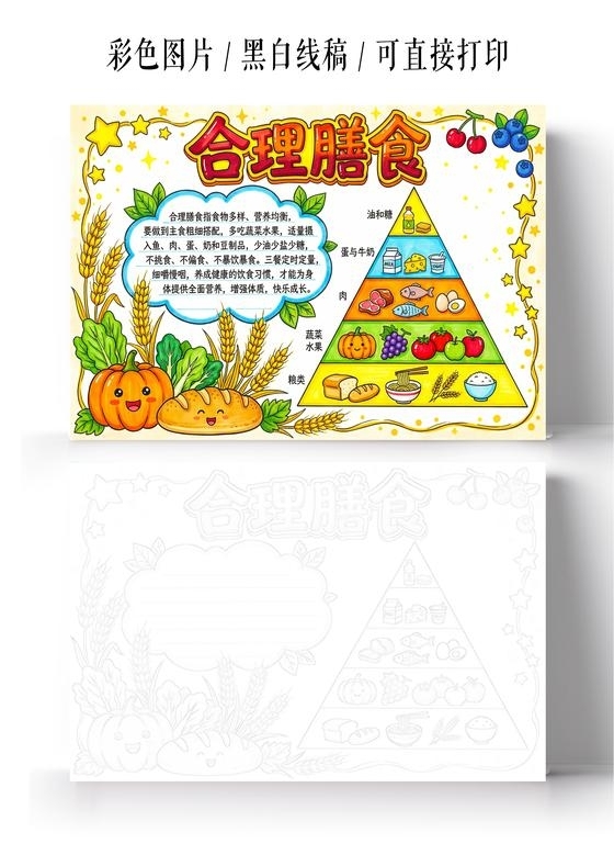 彩色卡通手绘合理膳食小报手抄报小学生手抄报