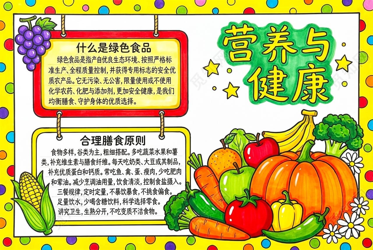 彩色卡通手绘营养与健康小报手抄报小学生手抄报