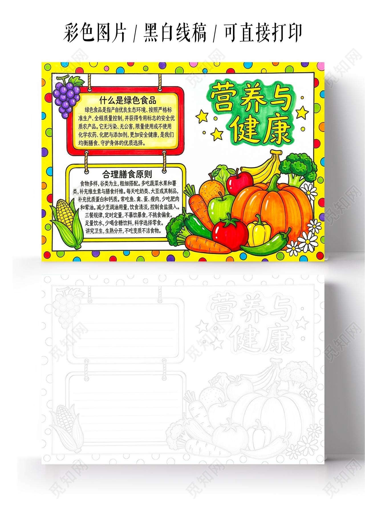 彩色卡通手绘营养与健康小报手抄报小学生手抄报