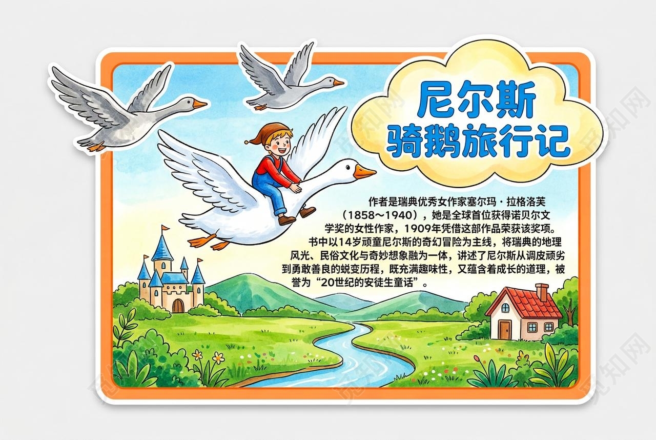 彩色卡通手绘尼尔斯骑鹅旅行记小报手抄报读书读书卡