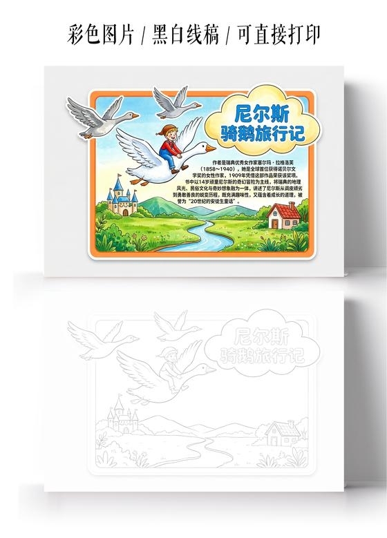 彩色卡通手绘尼尔斯骑鹅旅行记小报手抄报读书读书卡