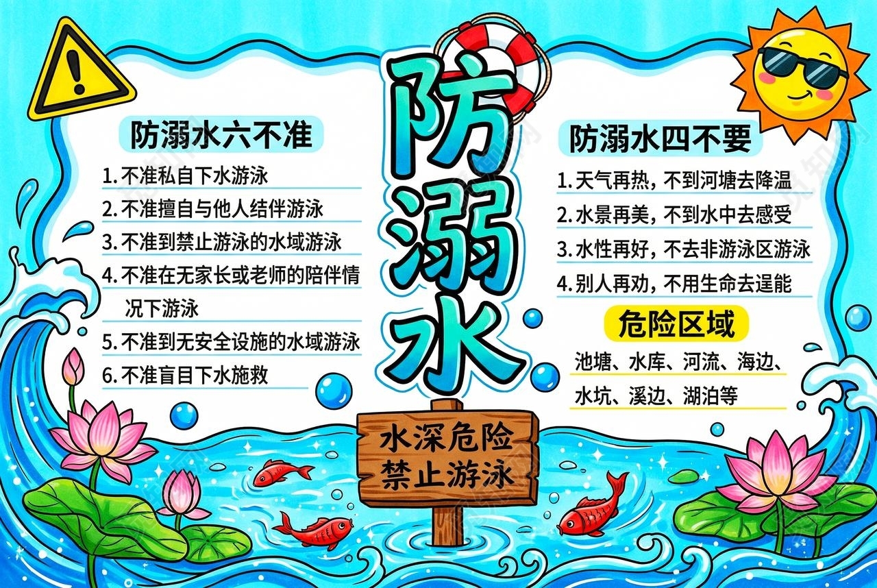彩色卡通手绘防溺水小报手抄报夏天