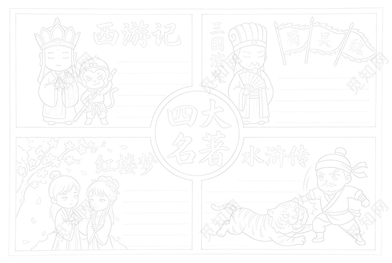 彩色卡通手绘四大名著小报手抄报读书