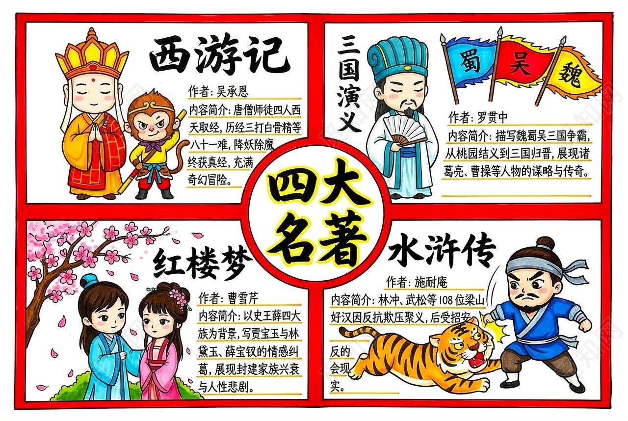 彩色卡通手绘四大名著小报手抄报读书