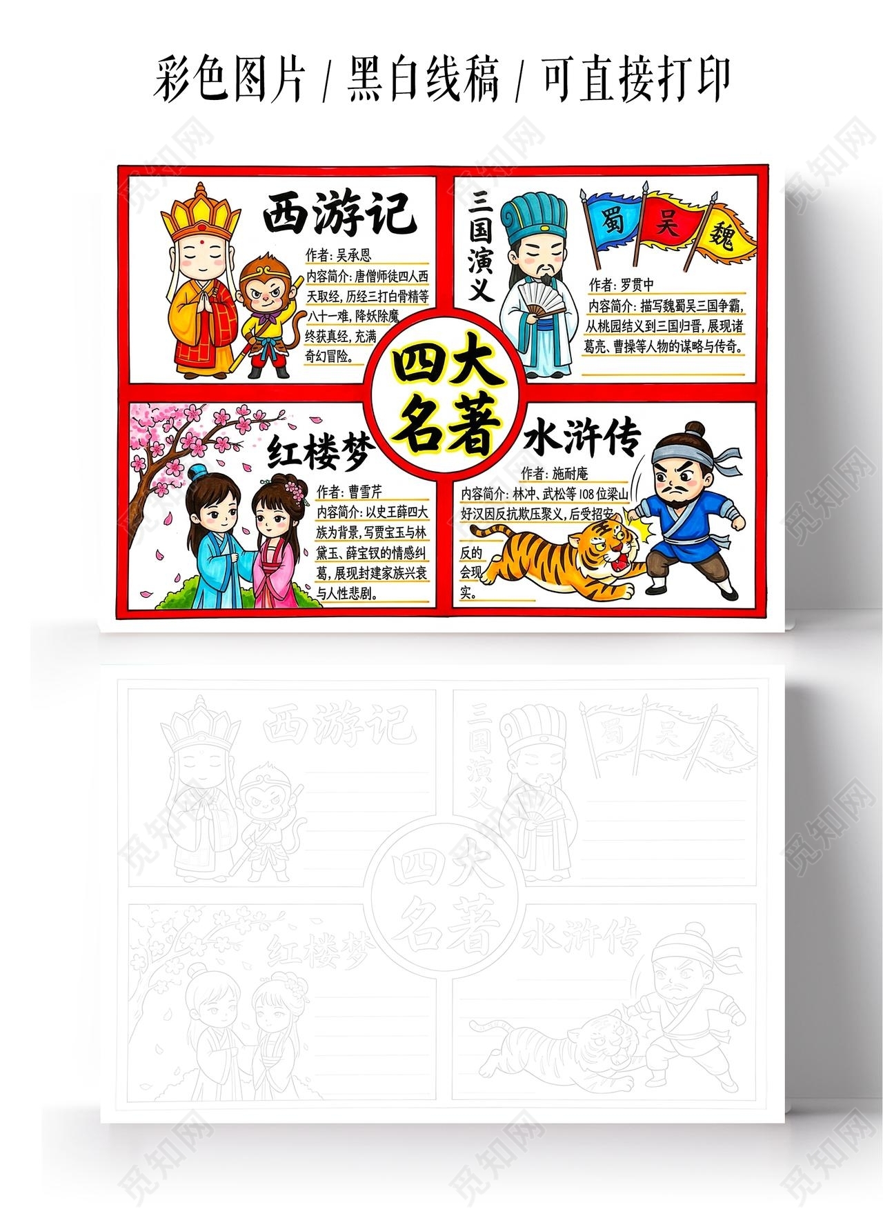 彩色卡通手绘四大名著小报手抄报读书
