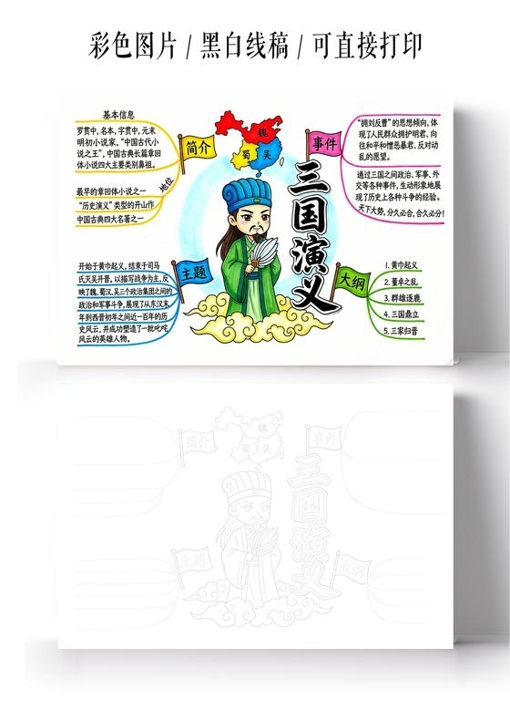 彩色卡通手绘三国演义小报手抄报读书