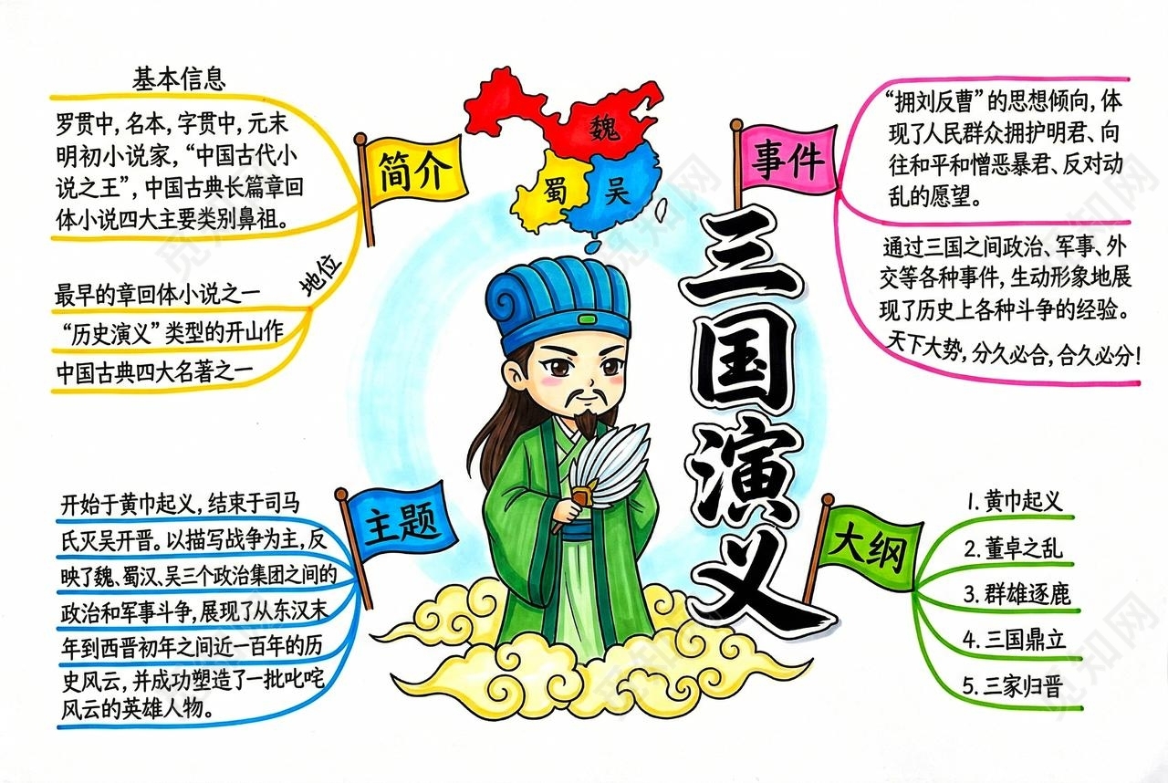 彩色卡通手绘三国演义小报手抄报读书