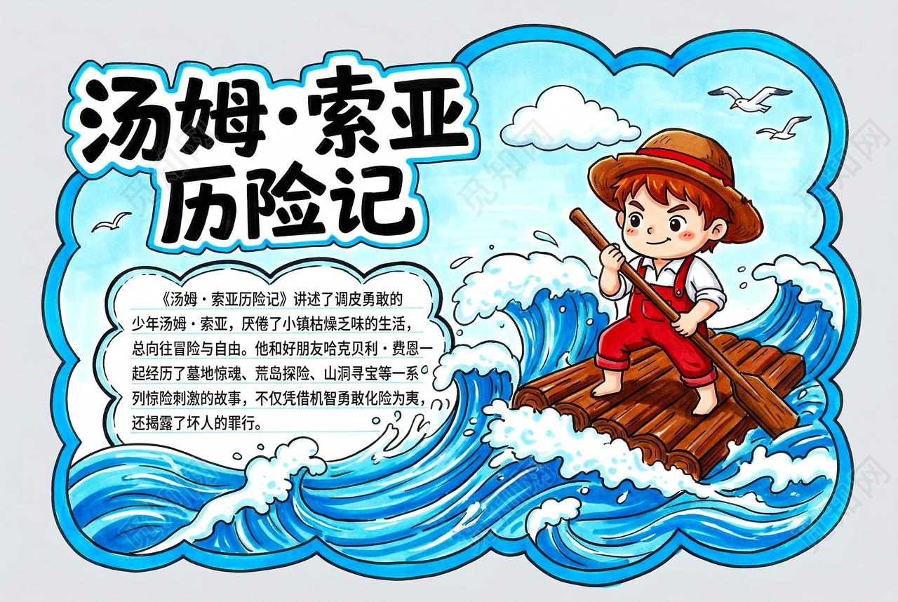 彩色卡通手绘汤姆索亚历险记小报手抄报读书读书卡