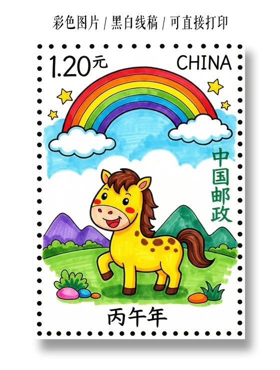 彩色卡通手绘马年邮票小报手抄报小学生手抄报