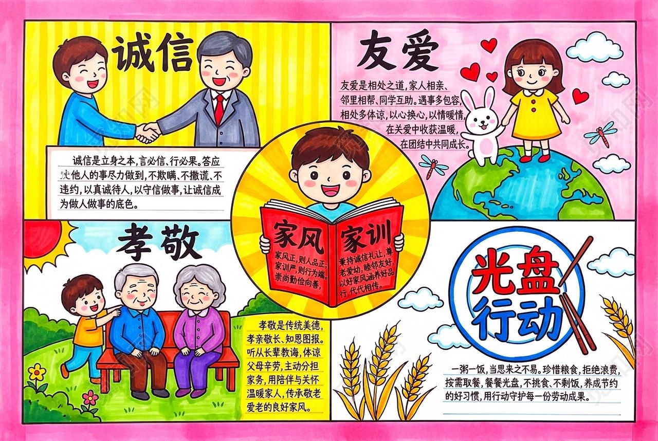 彩色卡通手绘诚信友爱孝敬小报手抄报小学生手抄报