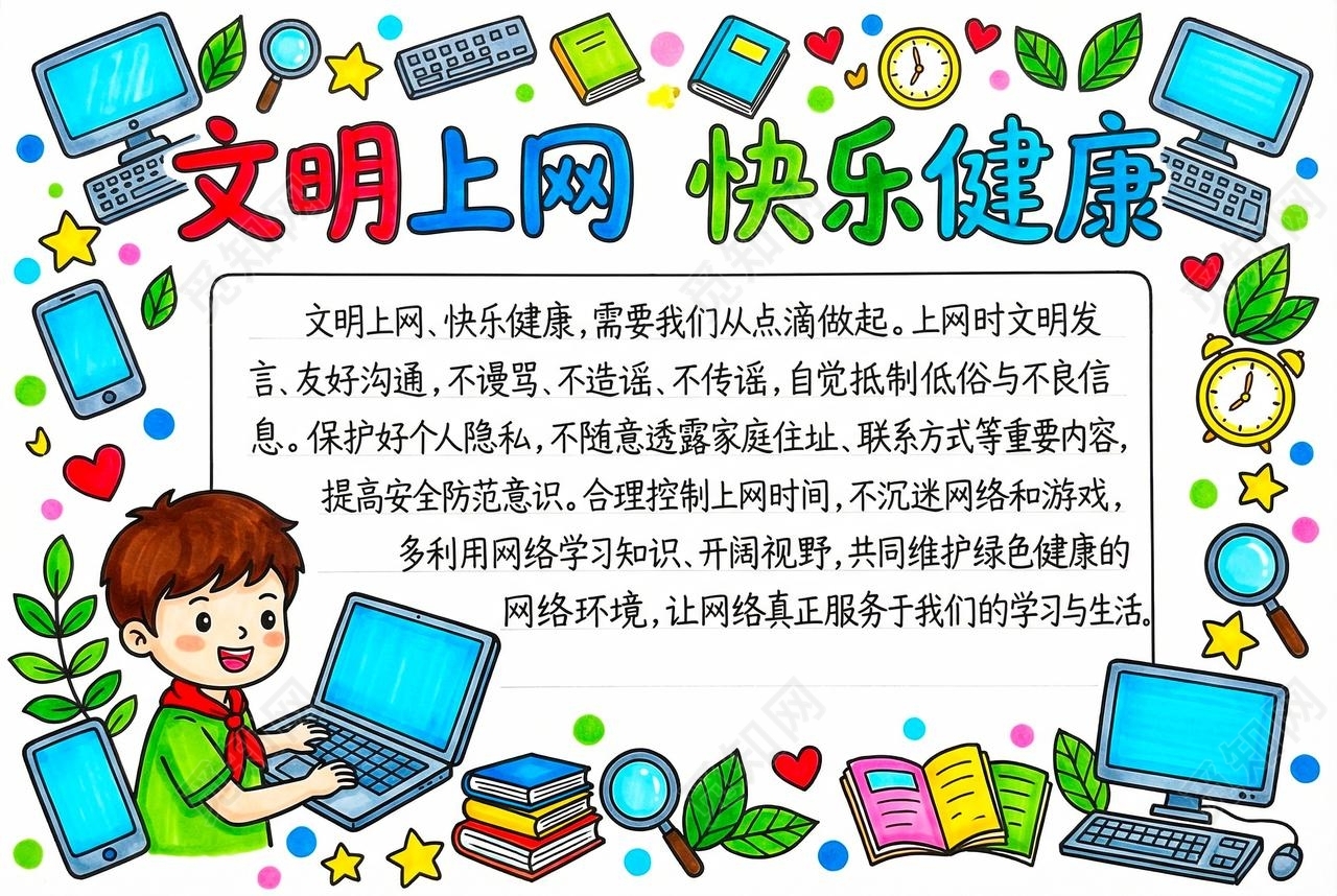 彩色卡通手绘文明上网快乐健康小报手抄报小学生手抄报