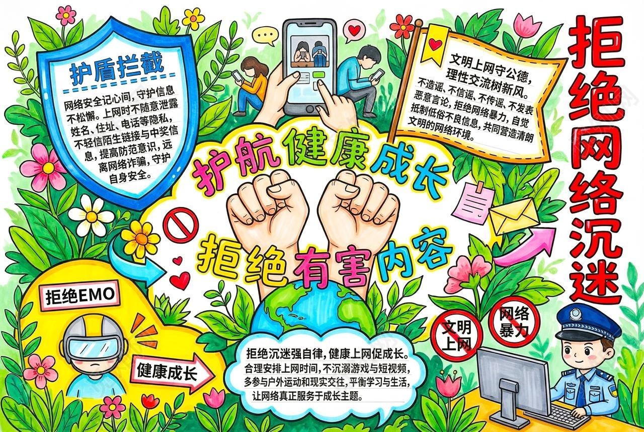 彩色卡通手绘拒绝网络沉迷小报手抄报小学生手抄报