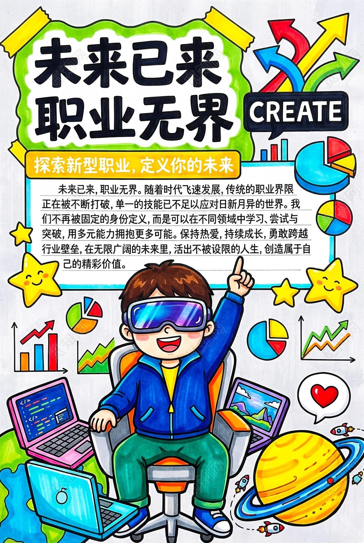 彩色卡通手绘未来已来职业无界小报手抄报小学生手抄报