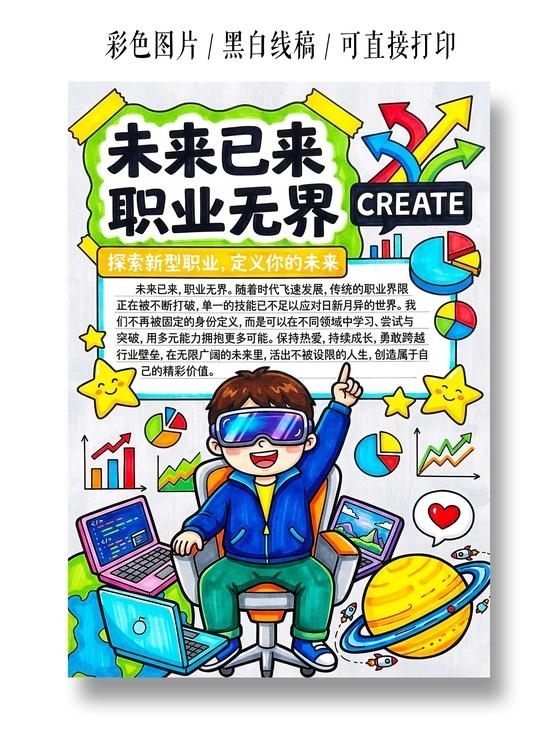 彩色卡通手绘未来已来职业无界小报手抄报小学生手抄报