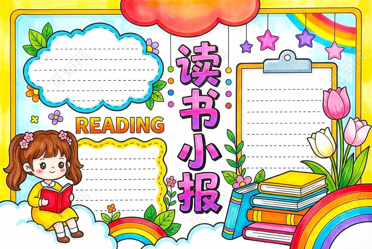 彩色卡通手绘读书小报手抄报小学生手抄报