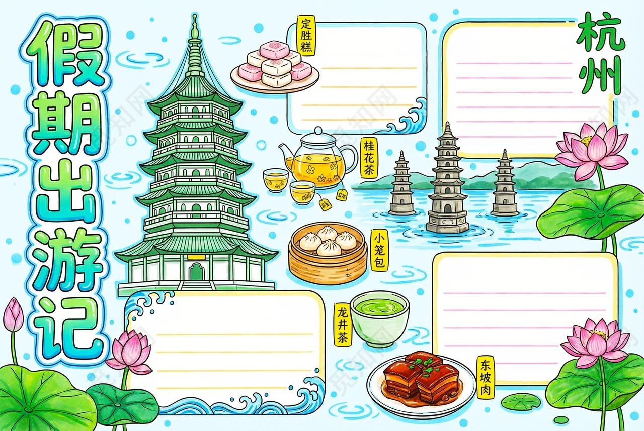彩色卡通手绘假期出游记小报手抄报小学生手抄报