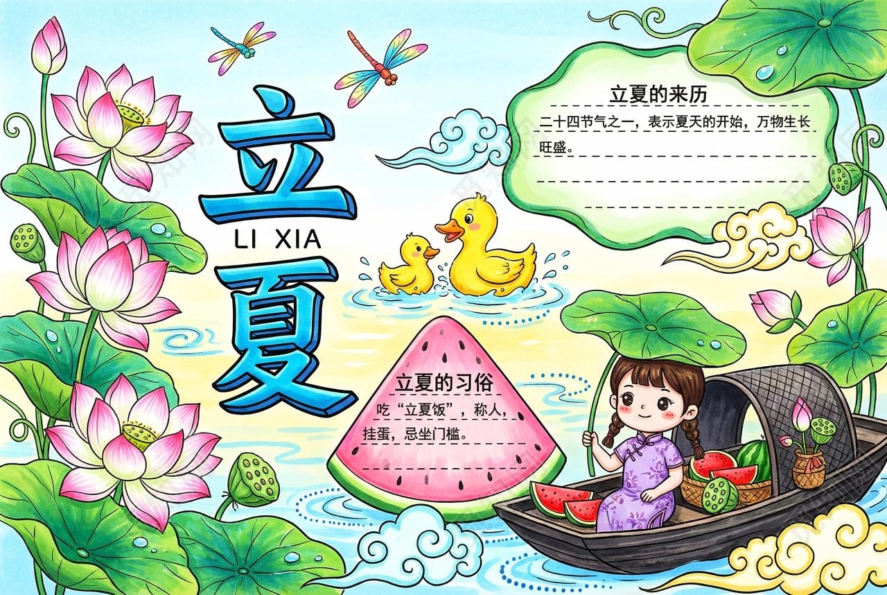 彩色卡通手绘立夏小报手抄报小学生手抄报
