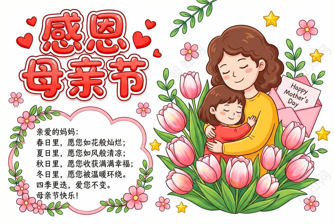 彩色卡通手绘感恩母亲节小报手抄报小学生手抄报