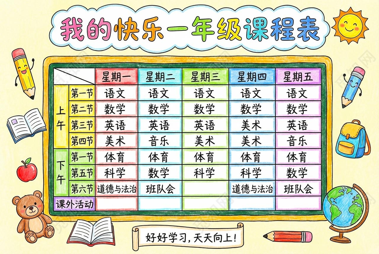 彩色卡通手绘我的快乐一年级课程表小报手抄报小学生手抄报