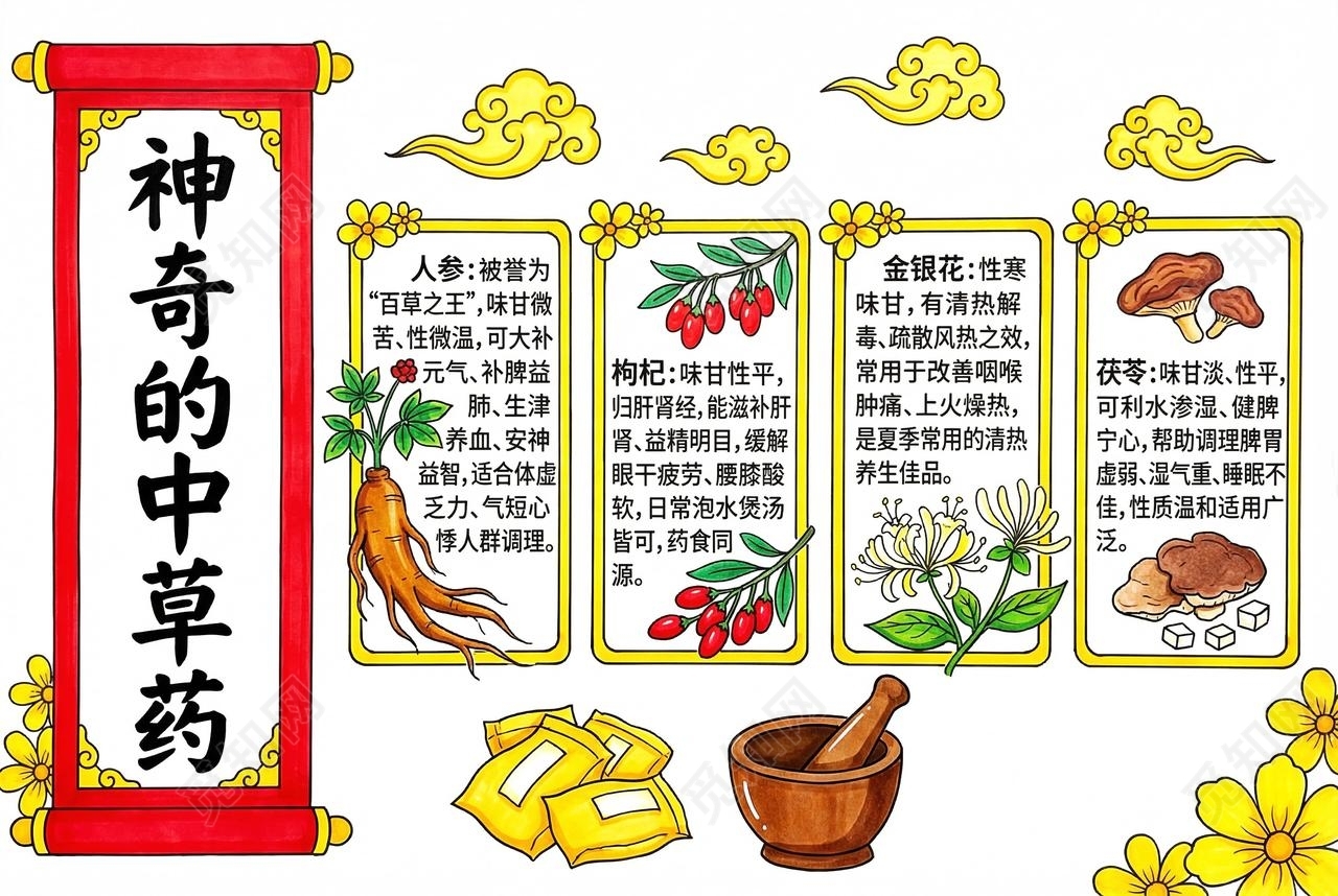 彩色卡通手绘神奇的中草药小报手抄报小学生手抄报