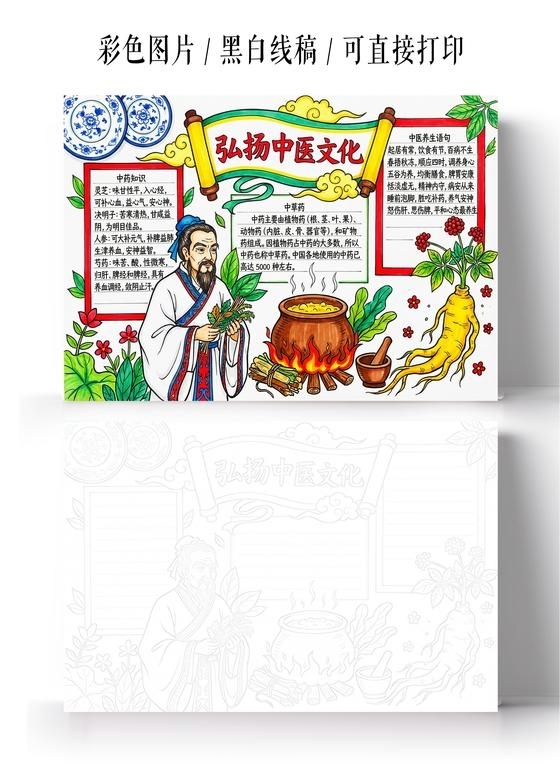 彩色卡通手绘弘扬中医文化小报手抄报小学生手抄报