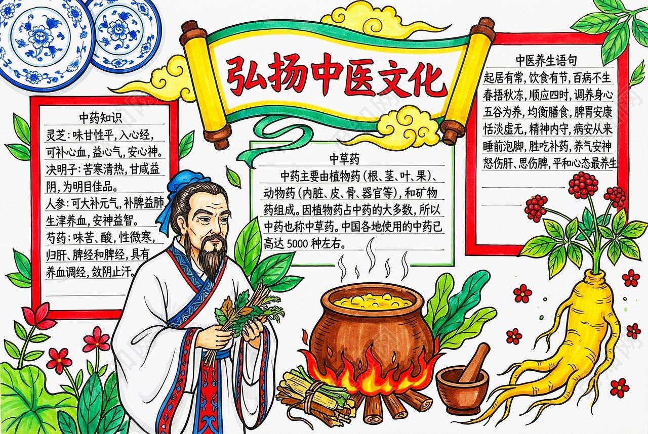 彩色卡通手绘弘扬中医文化小报手抄报小学生手抄报