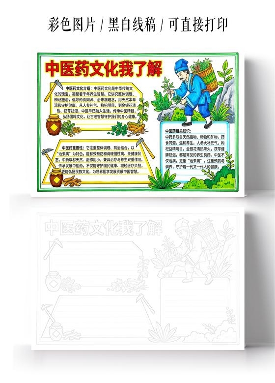 彩色卡通手绘中医药文化我了解小报手抄报小学生手抄报
