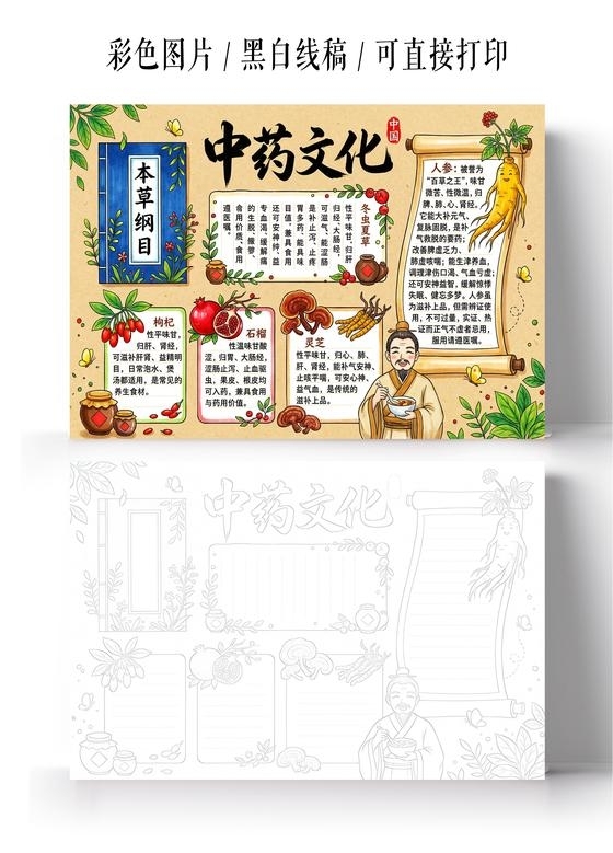 彩色卡通手绘中医文化小报手抄报小学生手抄报