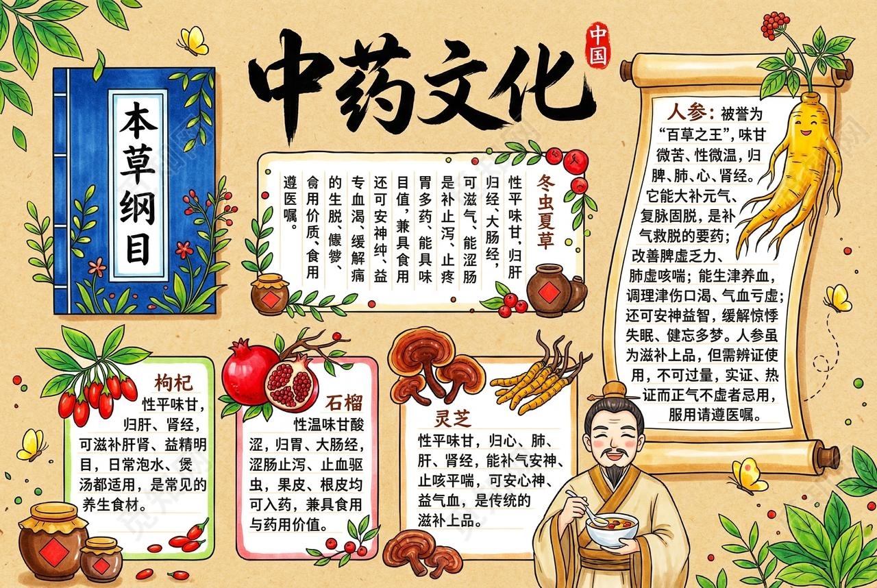 彩色卡通手绘中医文化小报手抄报小学生手抄报