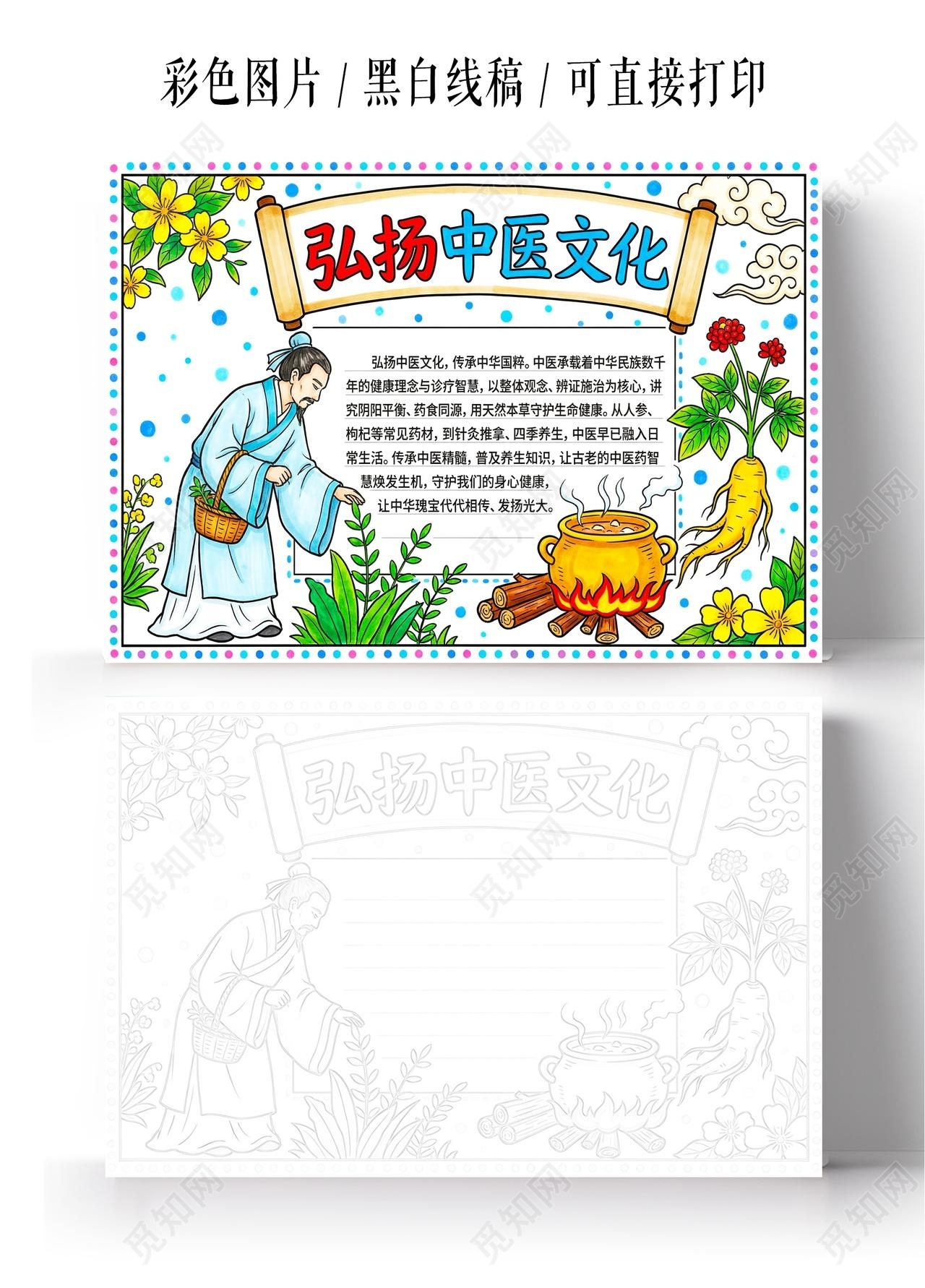 彩色卡通手绘弘扬中医文化小报手抄报小学生手抄报