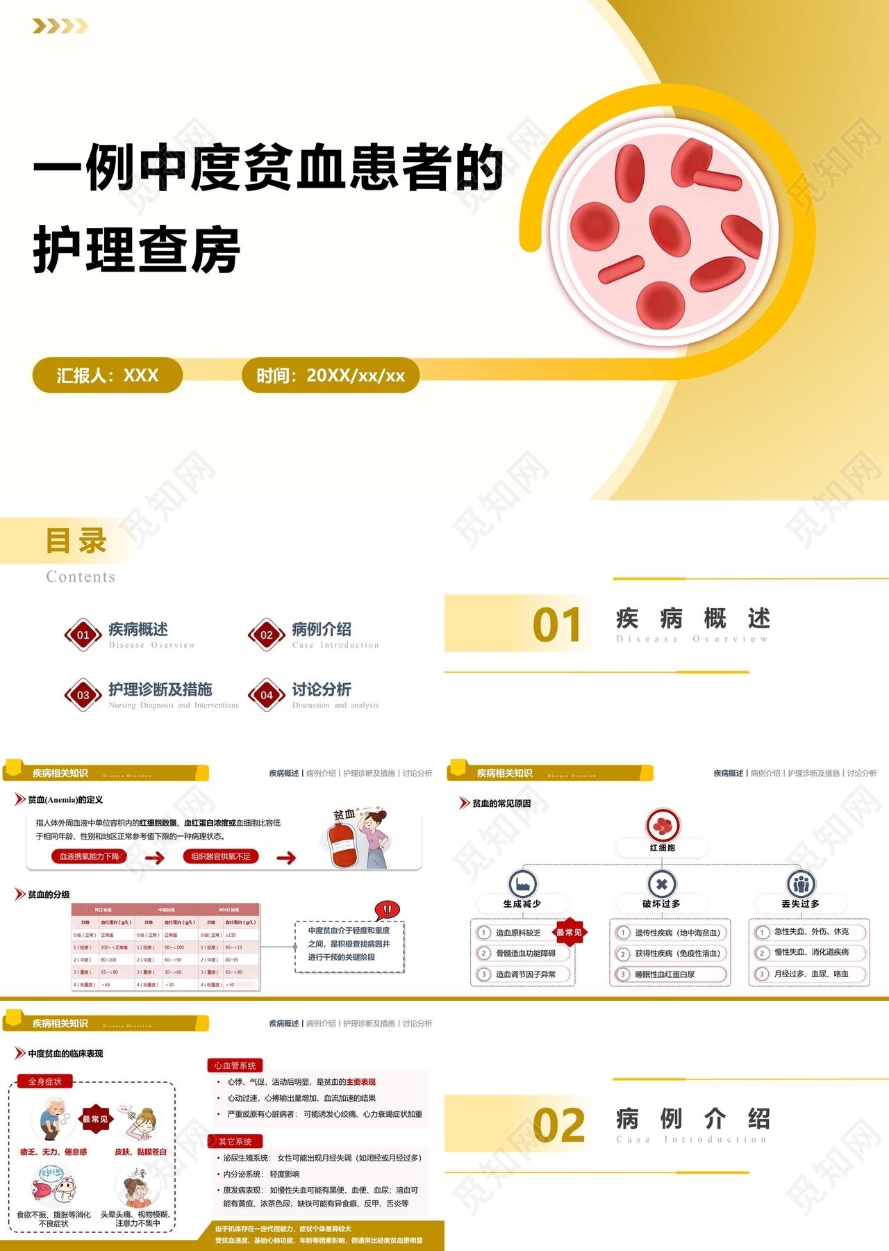 黄色红色简约贫血患者护理查房个案护理