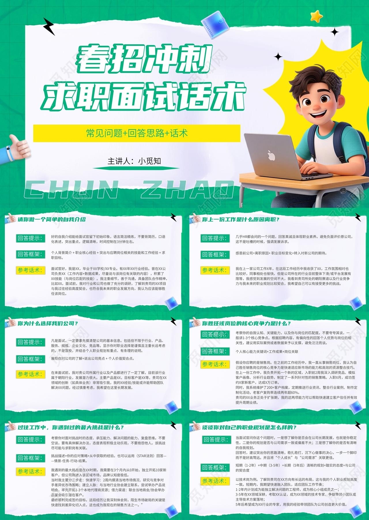 绿色3D春招冲刺面试话术宣传介绍教育课件PPT模板职业生涯规划