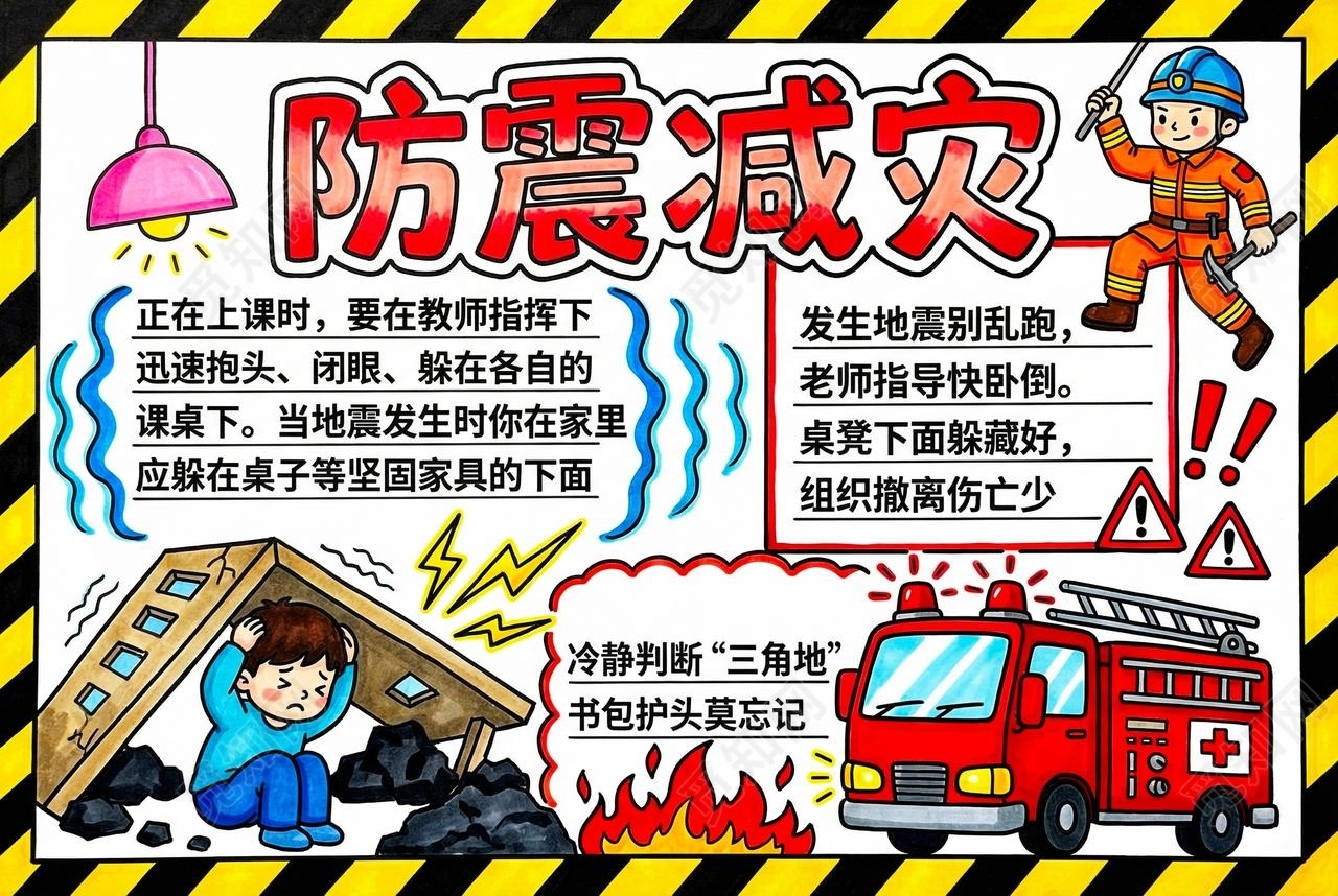 彩色卡通手绘防震减灾小报手抄报全国防灾减灾日